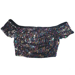 Y2K Rainbow Sequin Off Shoulder Crop Top Party Festival Small